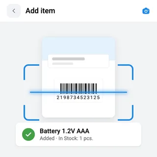 The StoDo add-item screen scanning a product barcode, confirming Battery 1.2V AAA added to stock