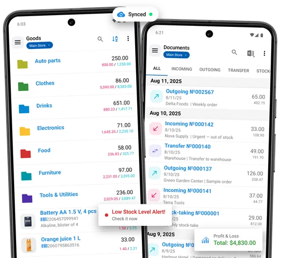 StoDo on two phones: a goods list with photos, stock counts and prices, and the documents list showing incoming, outgoing and transfer records