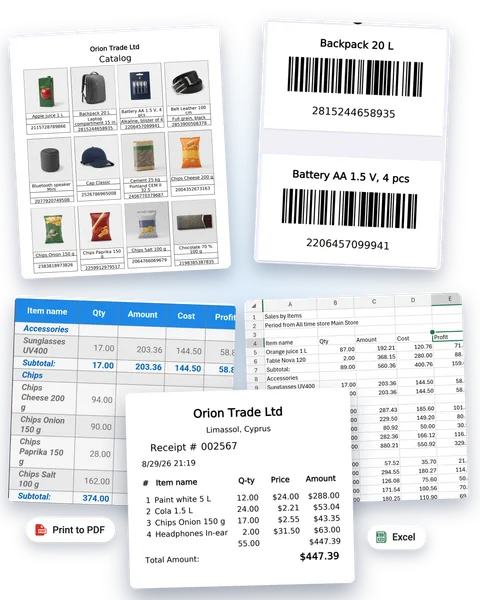 Documents StoDo generates: a product catalog with photos, printed barcode labels, a sales report by item, the same report exported to Excel, and a receipt