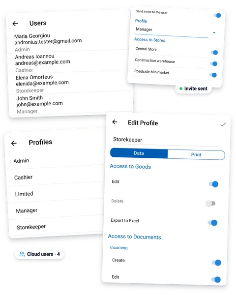 StoDo team screens: four users with different roles, a profile's permission toggles, and a new user's store access